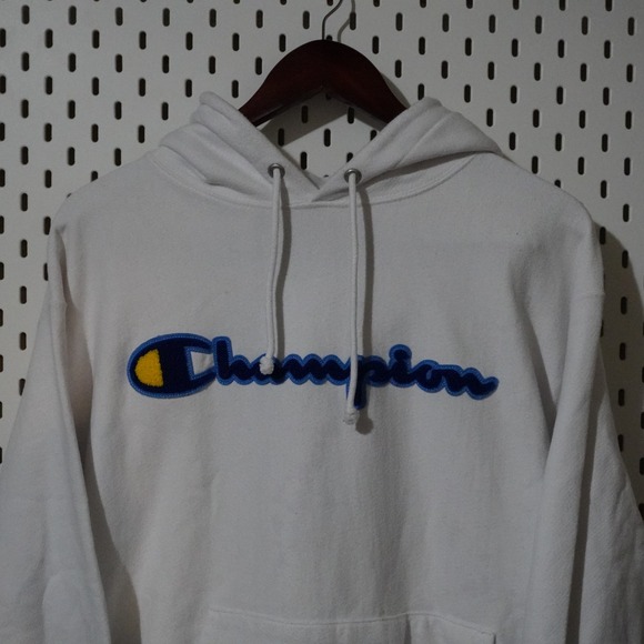 Champion Reverse Weave Hoodie Sweatshirt Blue‎ Yellow Logo White Mens Large - Picture 4 of 9
